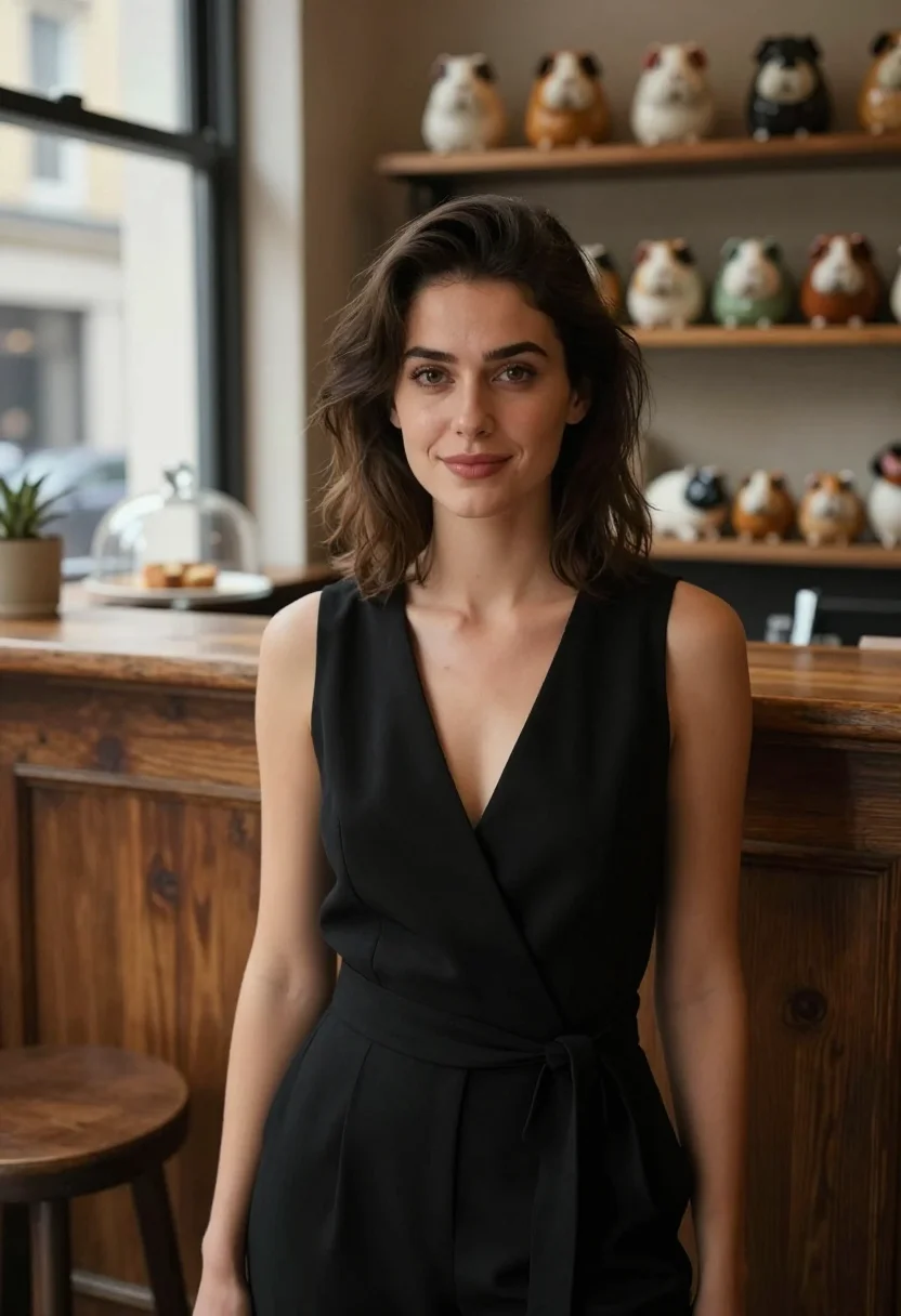 AI fleabag london black jumpsuit sample — portrait of a woman, an English woman in her early thirties