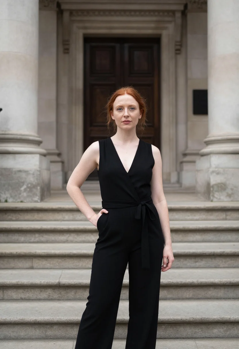 AI fleabag london black jumpsuit sample — portrait of a woman, a Scottish woman in her early thirties