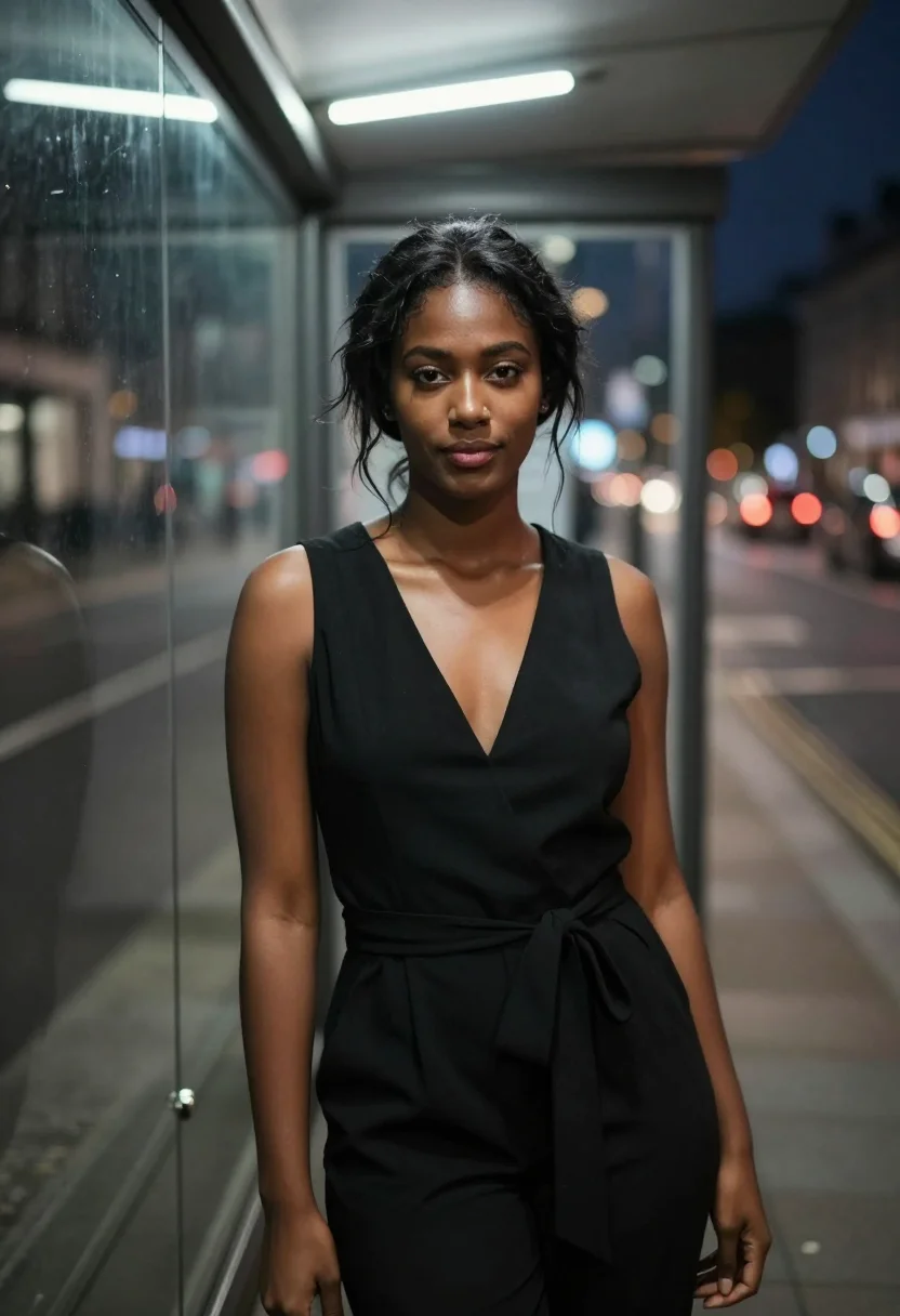 AI fleabag london black jumpsuit sample — portrait of a woman, a British Jamaican woman in her early t