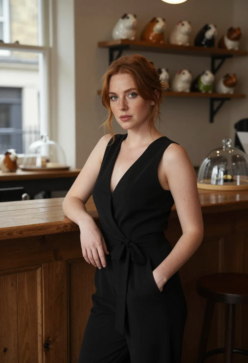 AI fleabag london black jumpsuit sample — portrait of a woman, an Irish woman in her early thirties wi