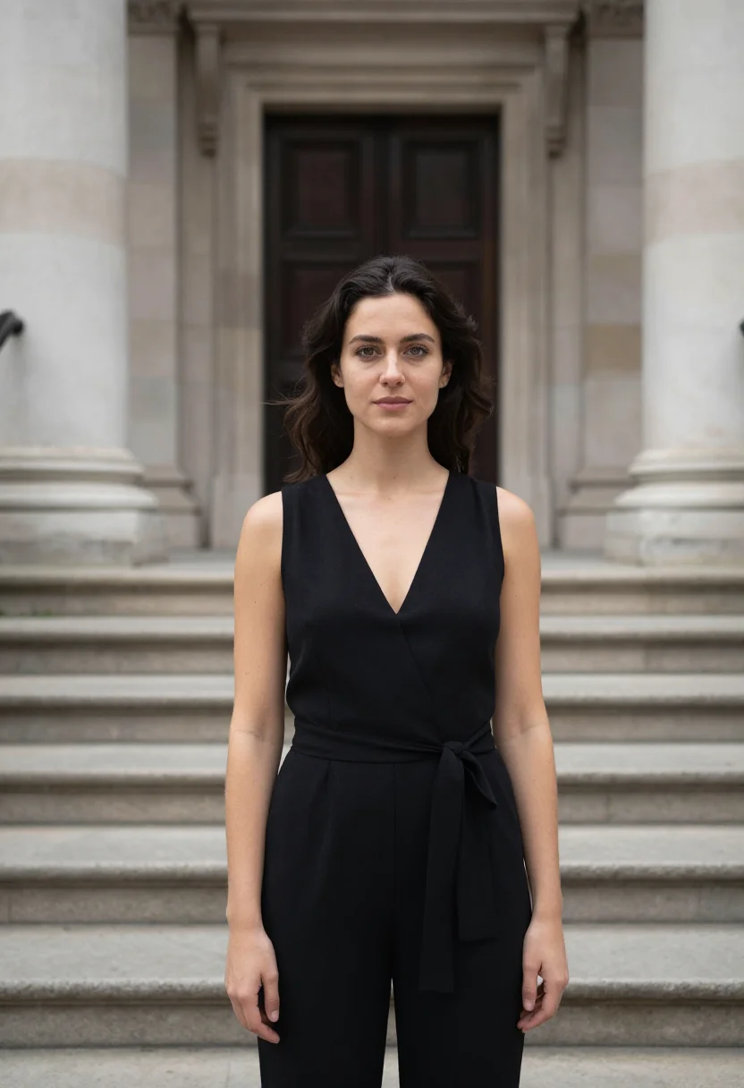 AI fleabag london black jumpsuit sample — portrait of a woman, a French woman in her early thirties wi