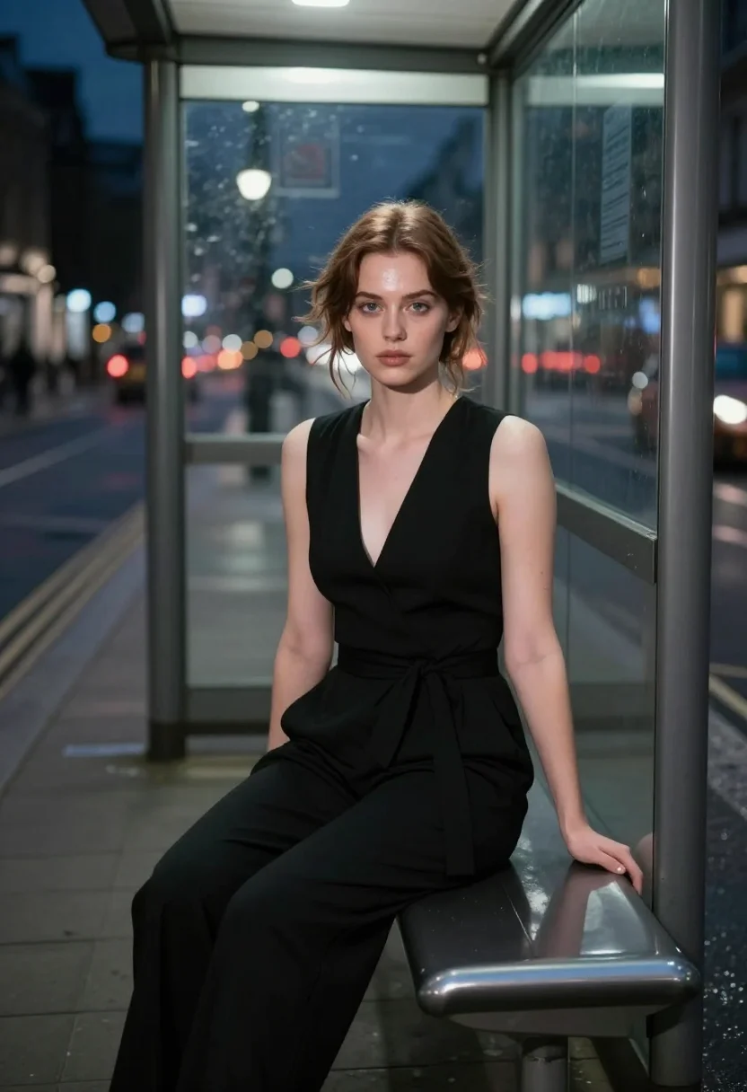 AI fleabag london black jumpsuit sample — portrait of a woman, an English woman in her early thirties