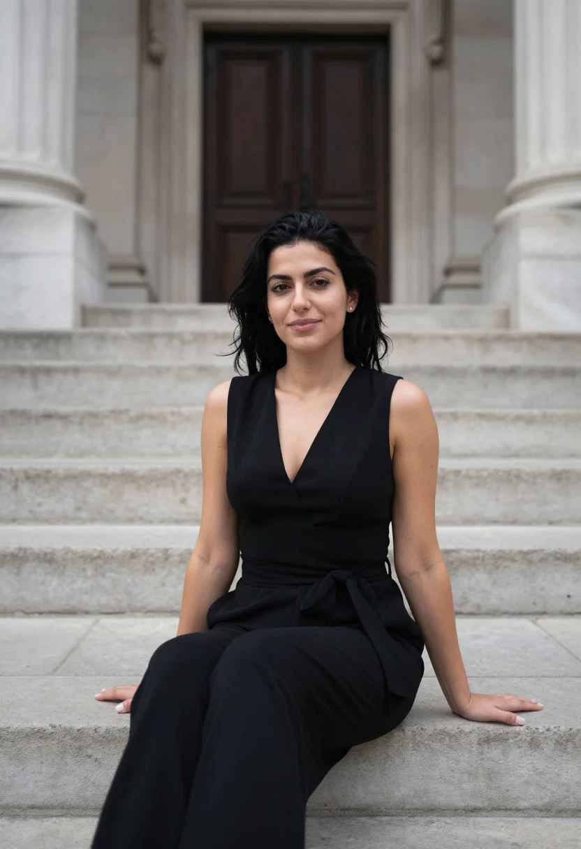 AI fleabag london black jumpsuit sample — portrait of a woman, a Greek-Cypriot British woman in her ea