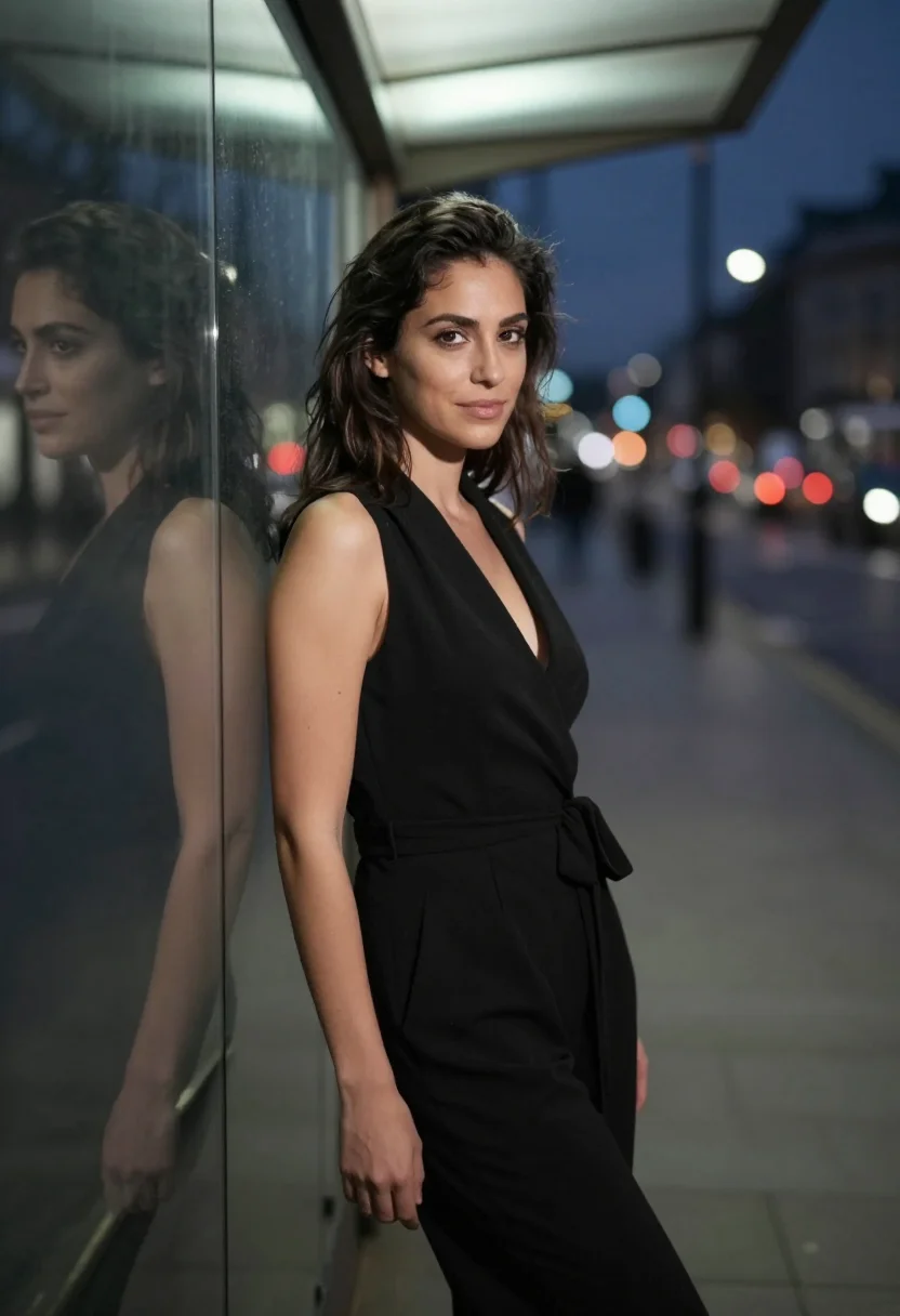 AI fleabag london black jumpsuit sample — portrait of a woman, an Italian woman in her early thirties