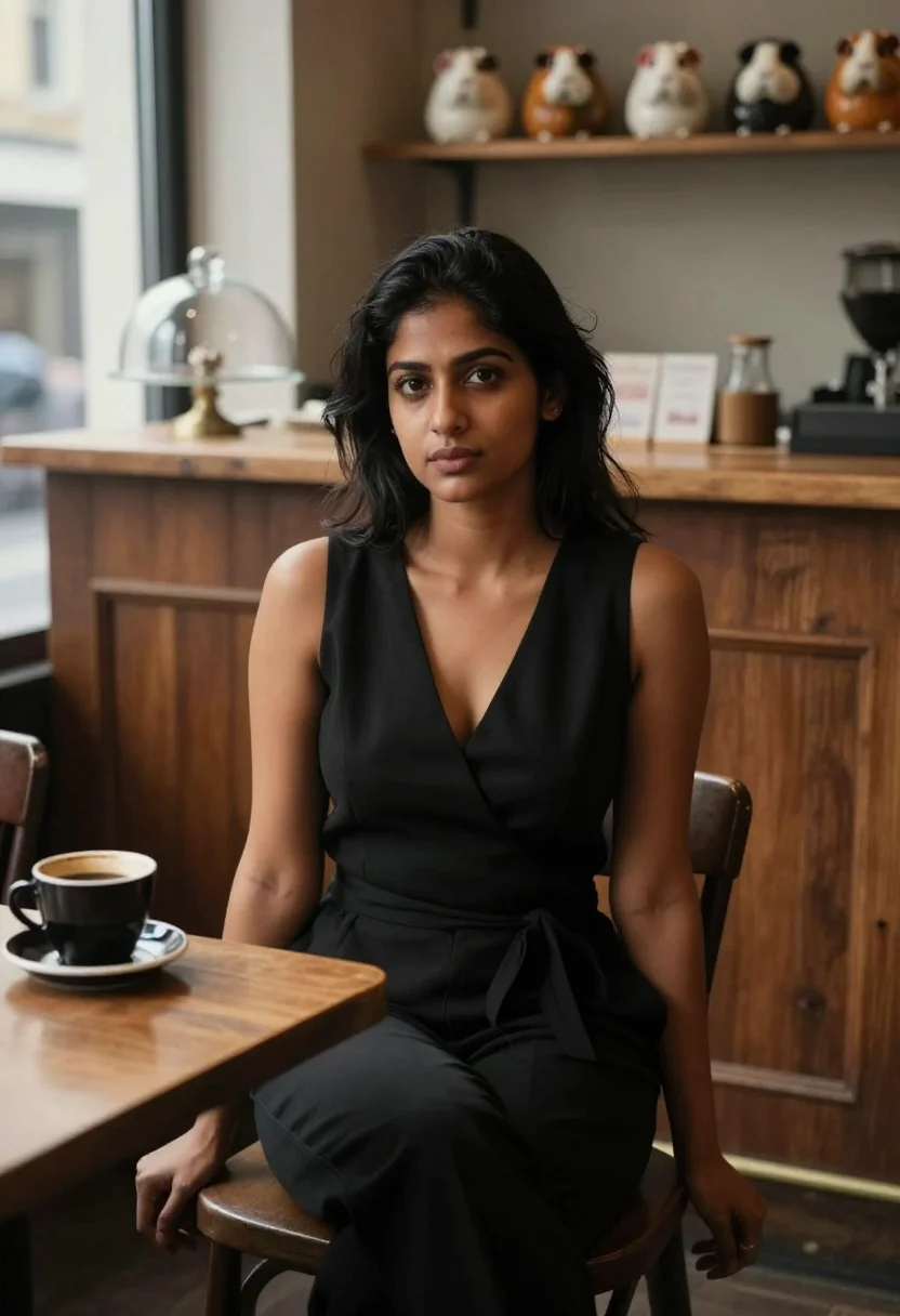 AI fleabag london black jumpsuit sample — portrait of a woman, a British Indian woman in her early thi