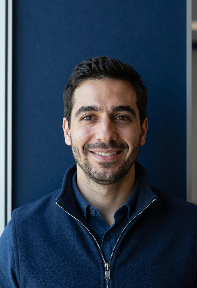 AI fleece vest navy sample — portrait of a man, framed tight, head and shoulders, the bod