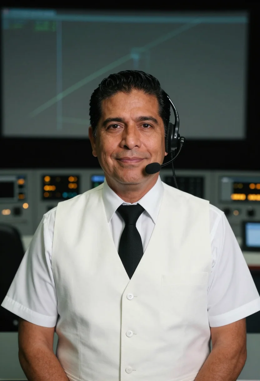 AI flight director white vest sample — portrait of a man, chest-up portrait of a Mexican-American m