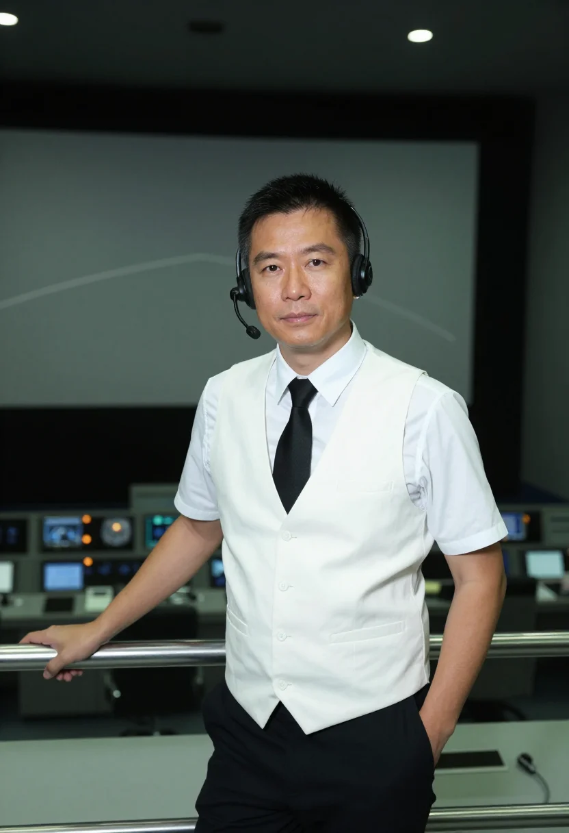 AI flight director white vest sample — portrait of a man, half-length portrait of a Chinese-America