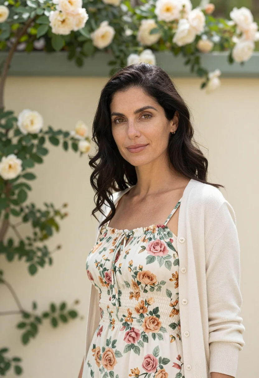 AI floral midi dress spring profile palette sample — portrait of a woman, framed tight, head and shoulders, the b