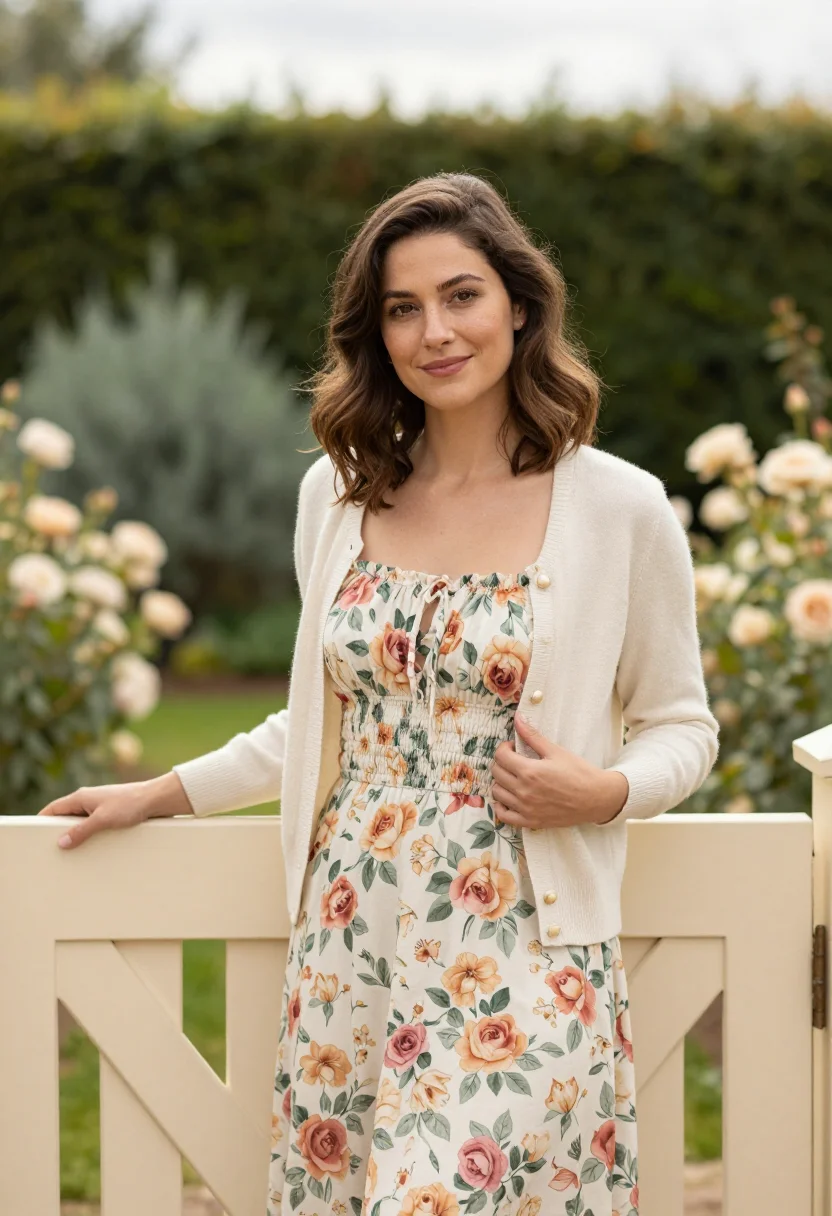 AI floral midi dress spring profile palette sample — portrait of a woman, framed chest-up, cropped at the ribs, t