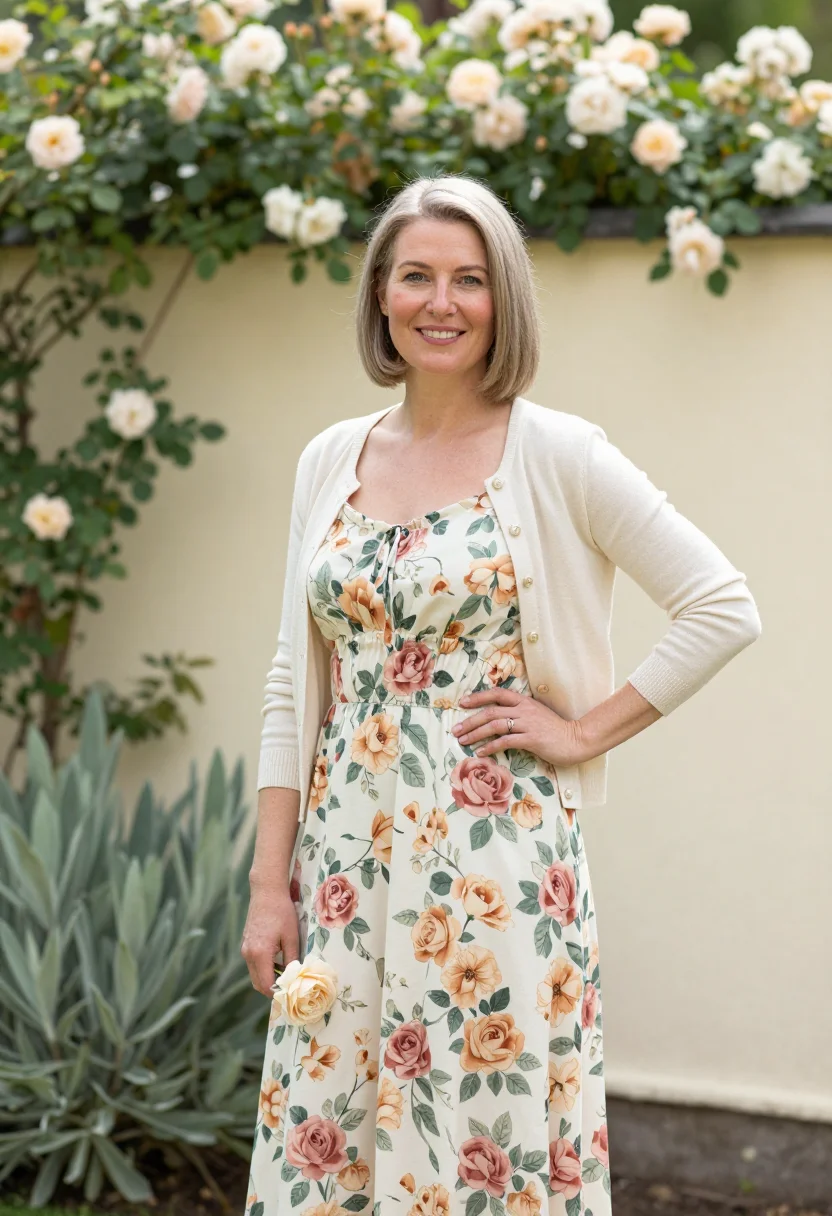 AI floral midi dress spring profile palette sample — portrait of a woman, framed half-length to mid-thigh, the ca