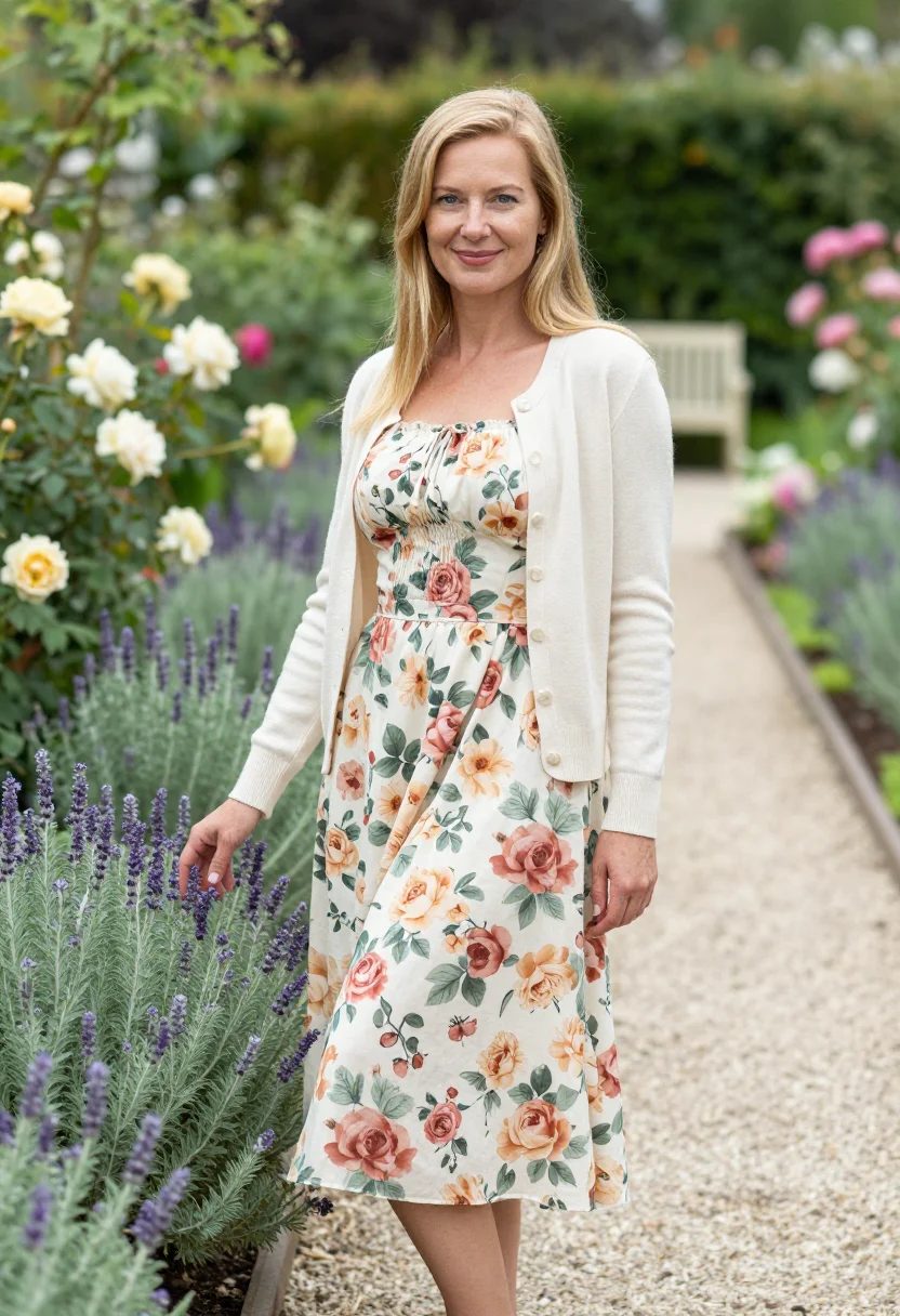 AI floral midi dress spring profile palette sample — portrait of a woman, framed half-length to mid-thigh, the ca