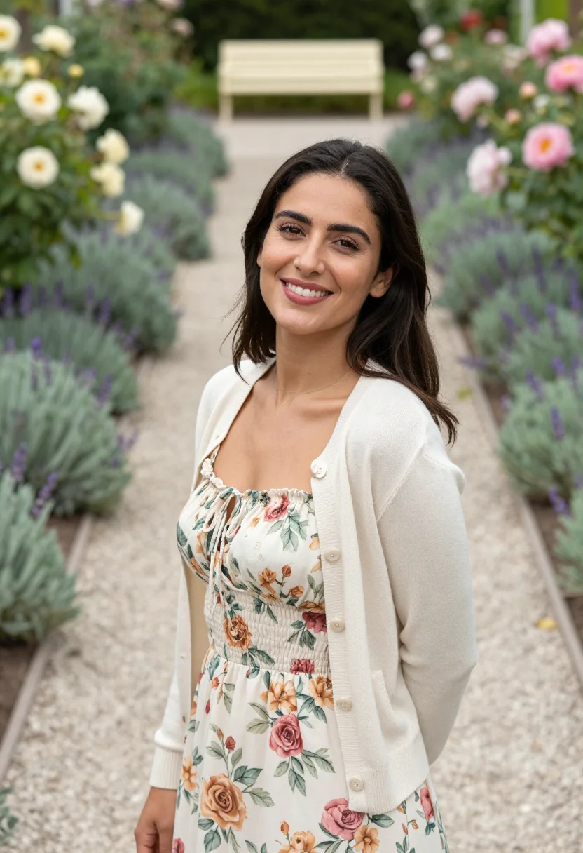 AI floral midi dress spring profile palette sample — portrait of a woman, framed tight, head and shoulders, the b