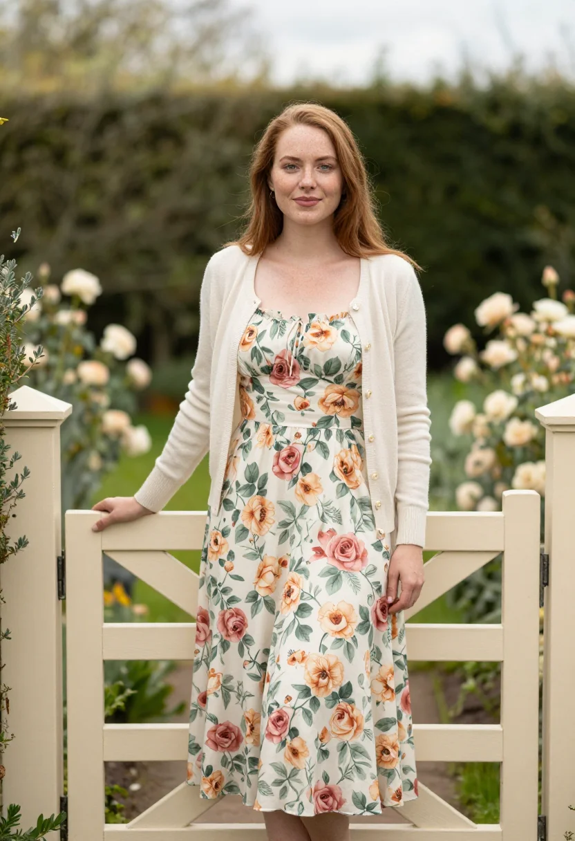 AI floral midi dress spring profile palette sample — portrait of a woman, framed half-length to mid-thigh, the ca