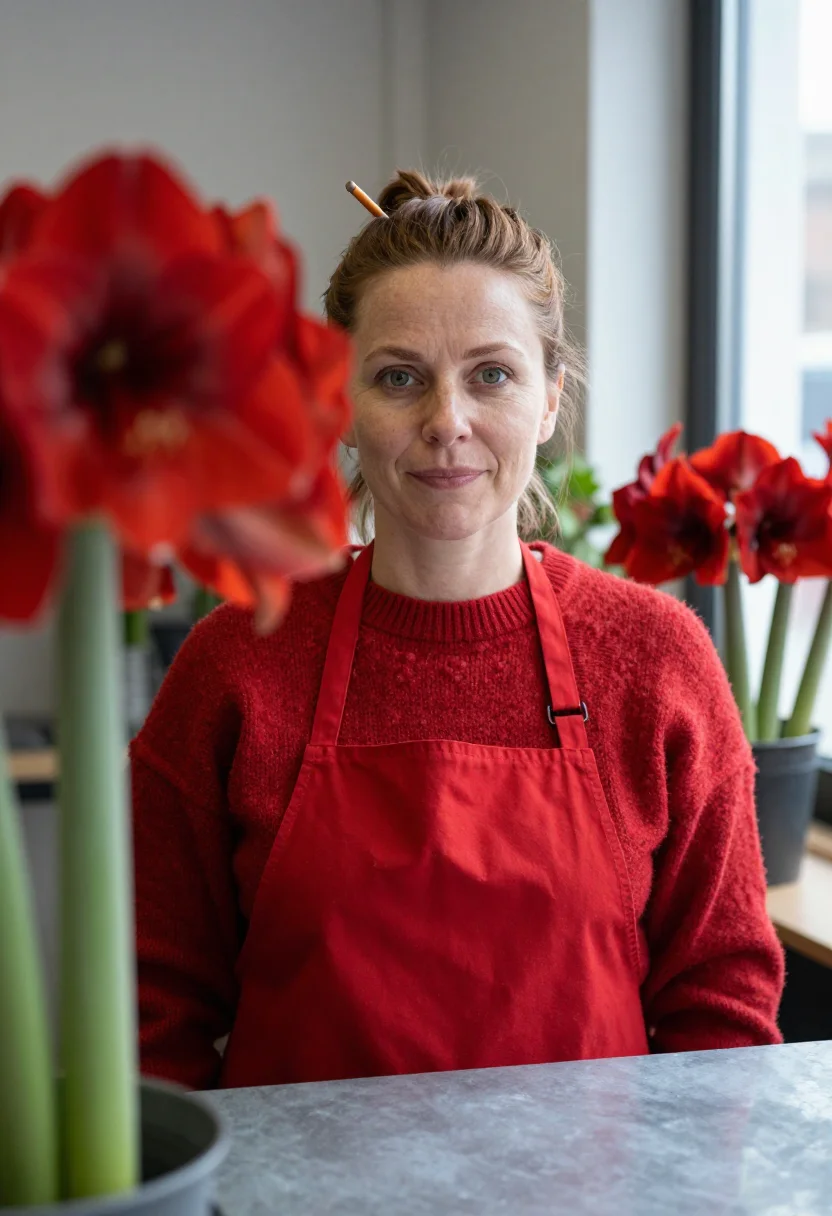 AI florist amaryllis red sample — portrait of a woman, framed tight on the head, the body clos