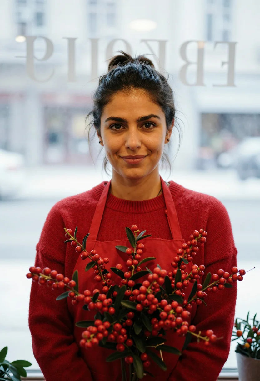 AI florist amaryllis red sample — portrait of a woman, framed tight on the head, the body clos