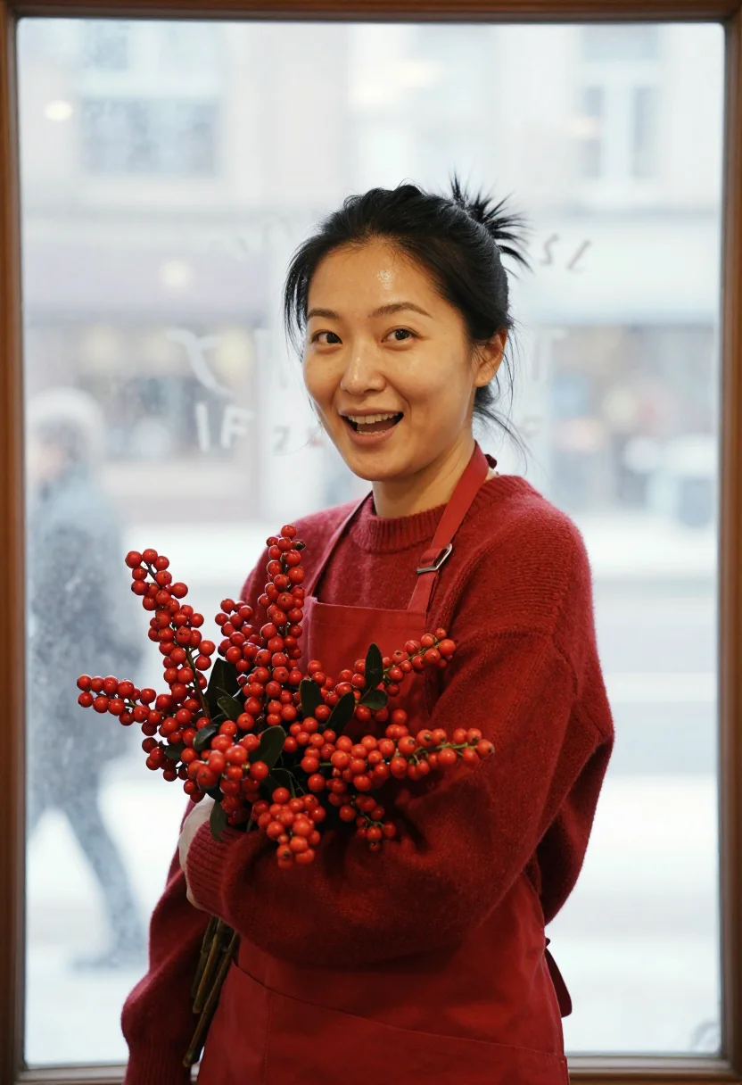 AI florist amaryllis red sample — portrait of a woman, framed chest-up from the ribs with the