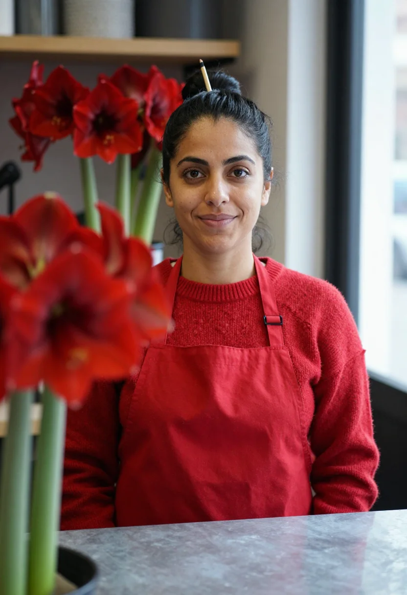 AI florist amaryllis red sample — portrait of a woman, framed head and shoulders, tighter, the