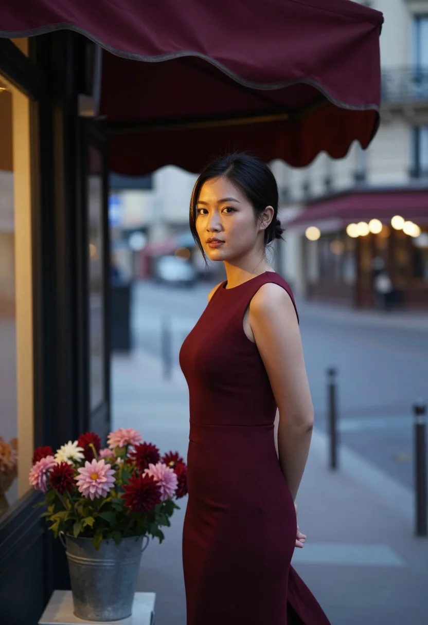 AI florist dahlia burgundy sample — portrait of a woman, framed chest-up from the ribs, the body
