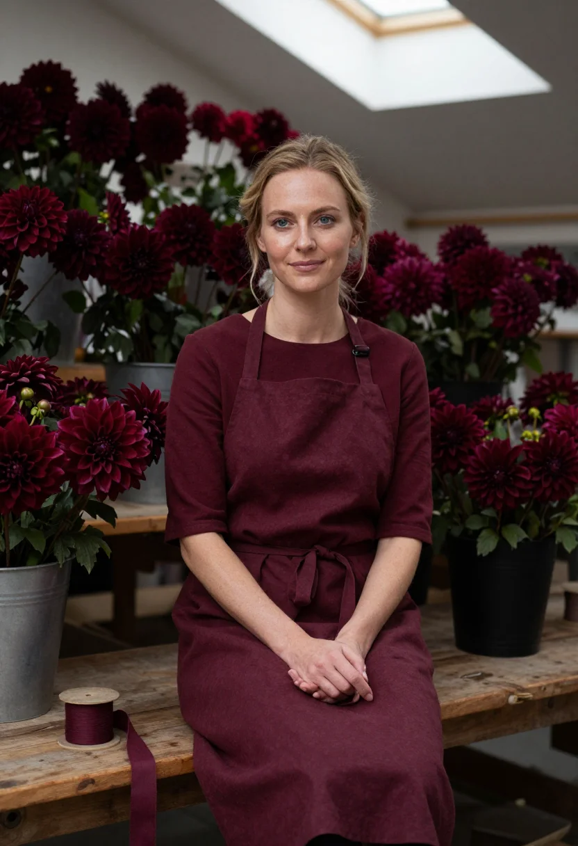 AI florist dahlia burgundy sample — portrait of a woman, framed half-length from the lap up, the