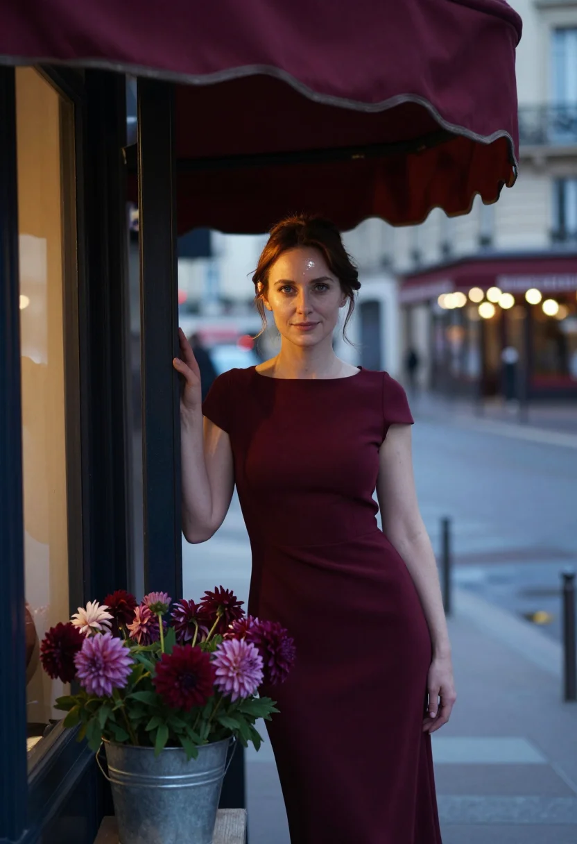 AI florist dahlia burgundy sample — portrait of a woman, framed half-length from the hips up, th