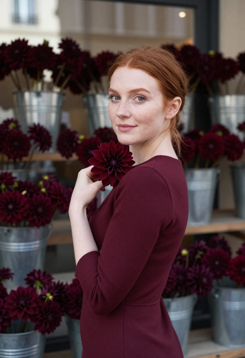 AI florist dahlia burgundy sample — portrait of a woman, framed chest-up from the ribs, the body