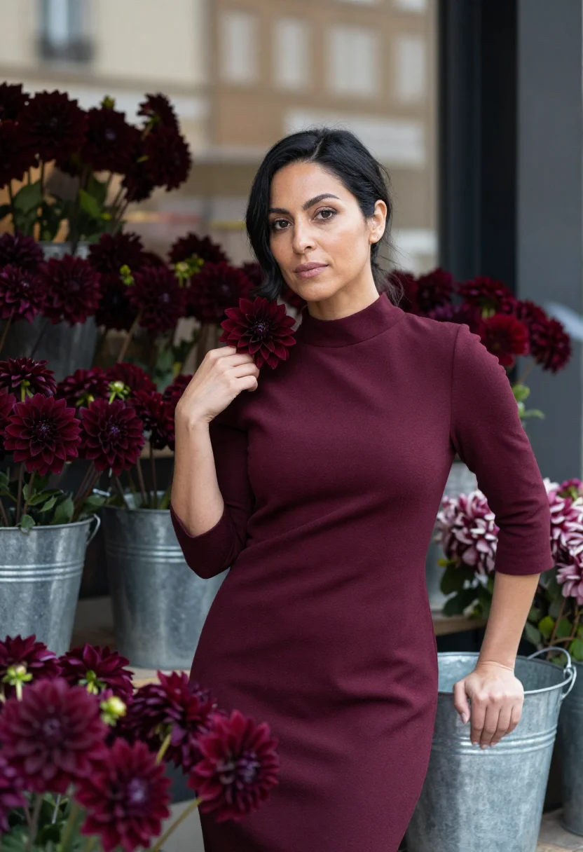 AI florist dahlia burgundy sample — portrait of a woman, framed half-length from the hips up, th