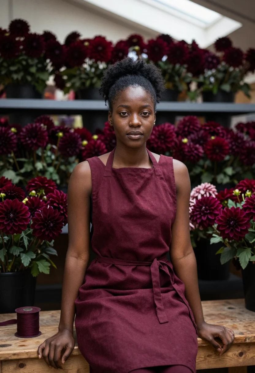 AI florist dahlia burgundy sample — portrait of a woman, framed chest-up from the ribs, the body
