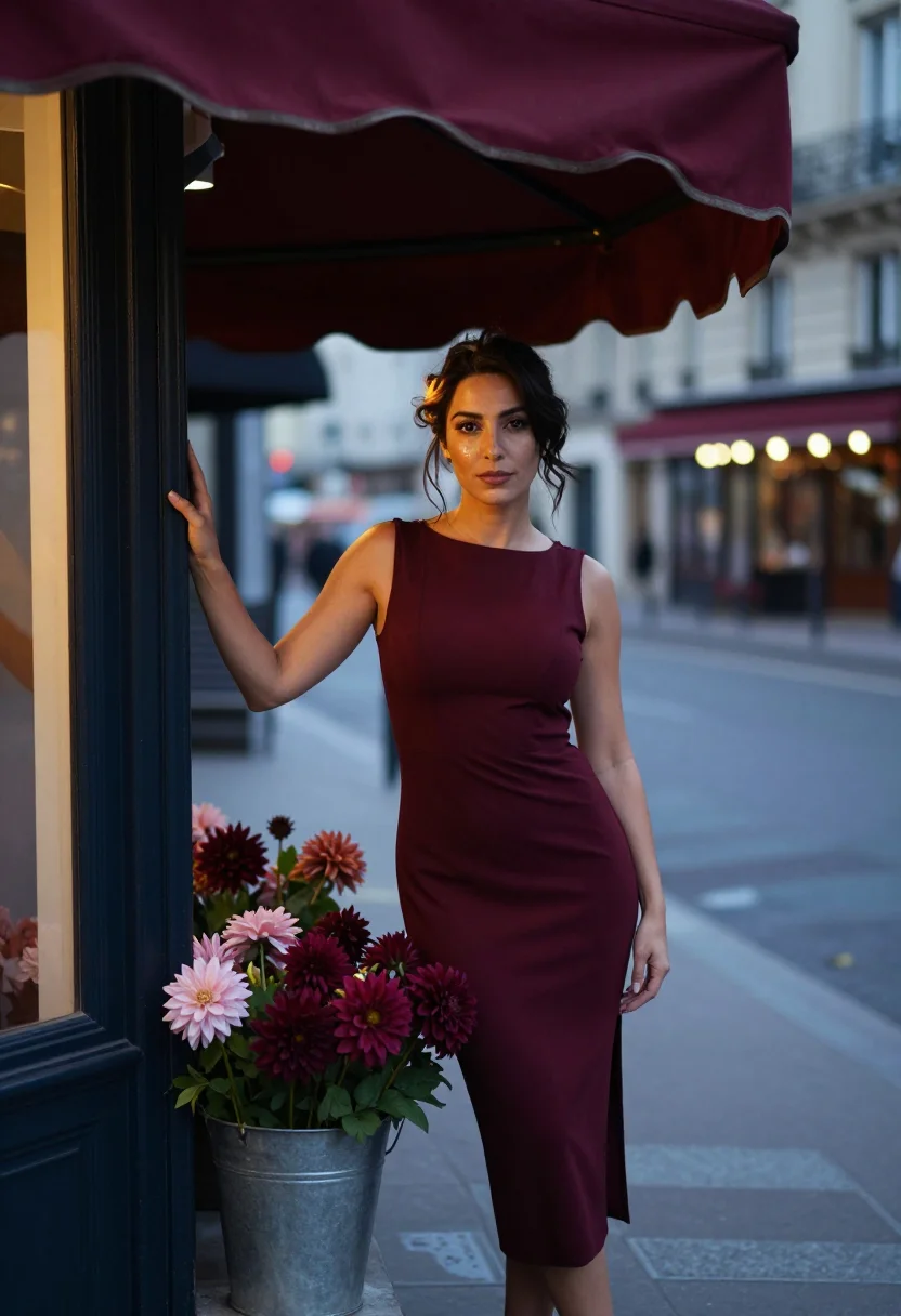 AI florist dahlia burgundy sample — portrait of a woman, framed three-quarter length from mid-th