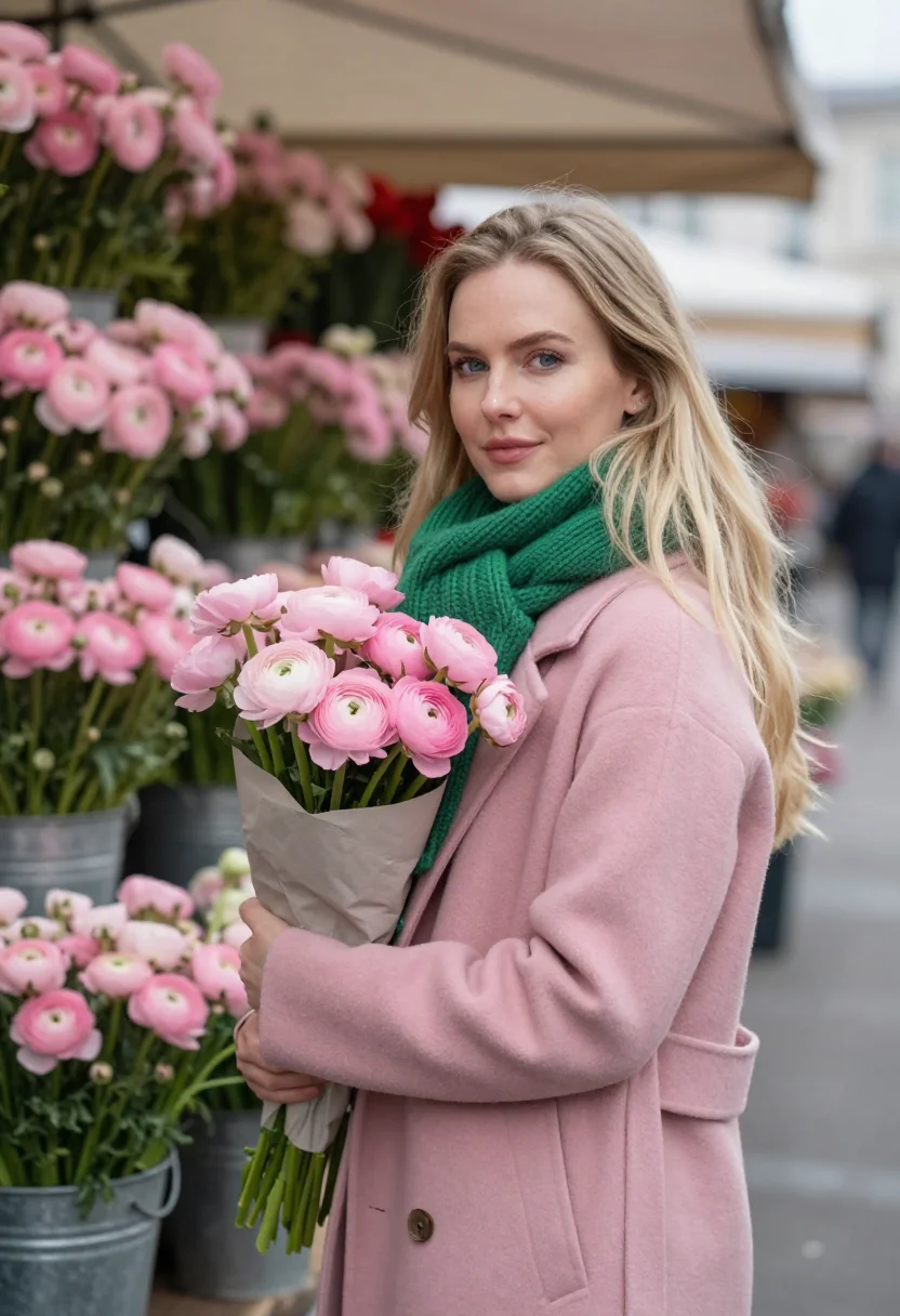 AI flower market saturday pink green sample — portrait of a woman, framed chest-up, cropped at the ribs, t