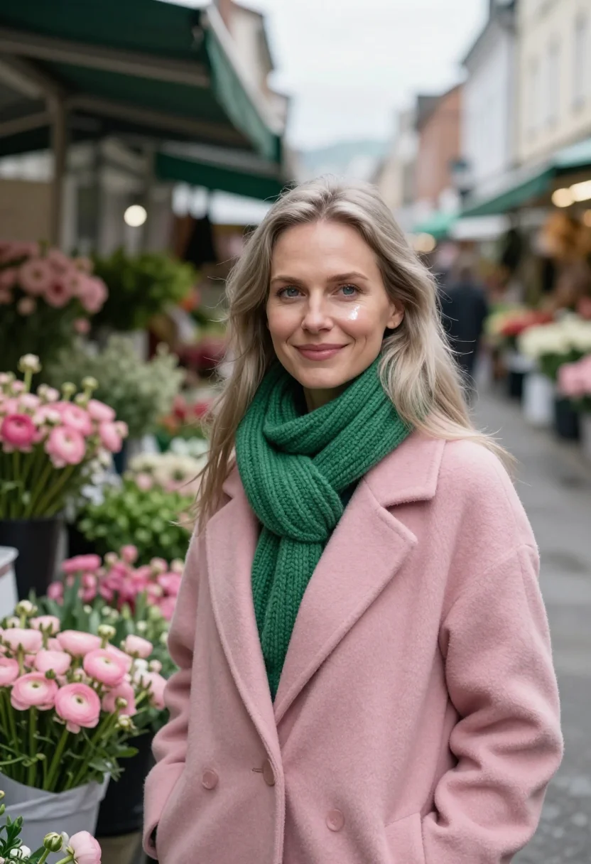 AI flower market saturday pink green sample — portrait of a woman, framed tight, head and shoulders, the b