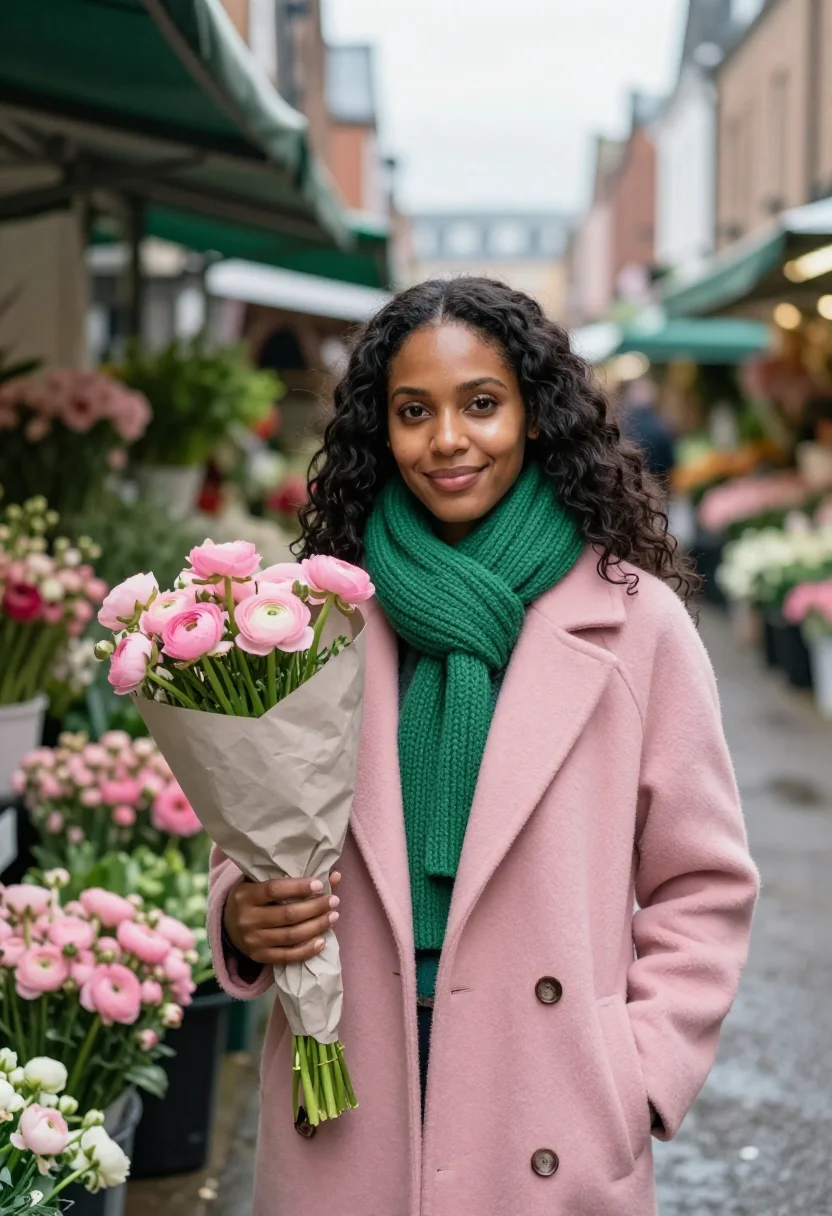 AI flower market saturday pink green sample — portrait of a woman, framed chest-up, cropped at the ribs, t