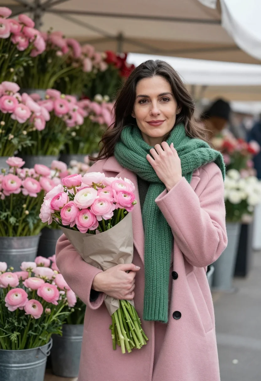 AI flower market saturday pink green sample — portrait of a woman, framed half-length from the head to the