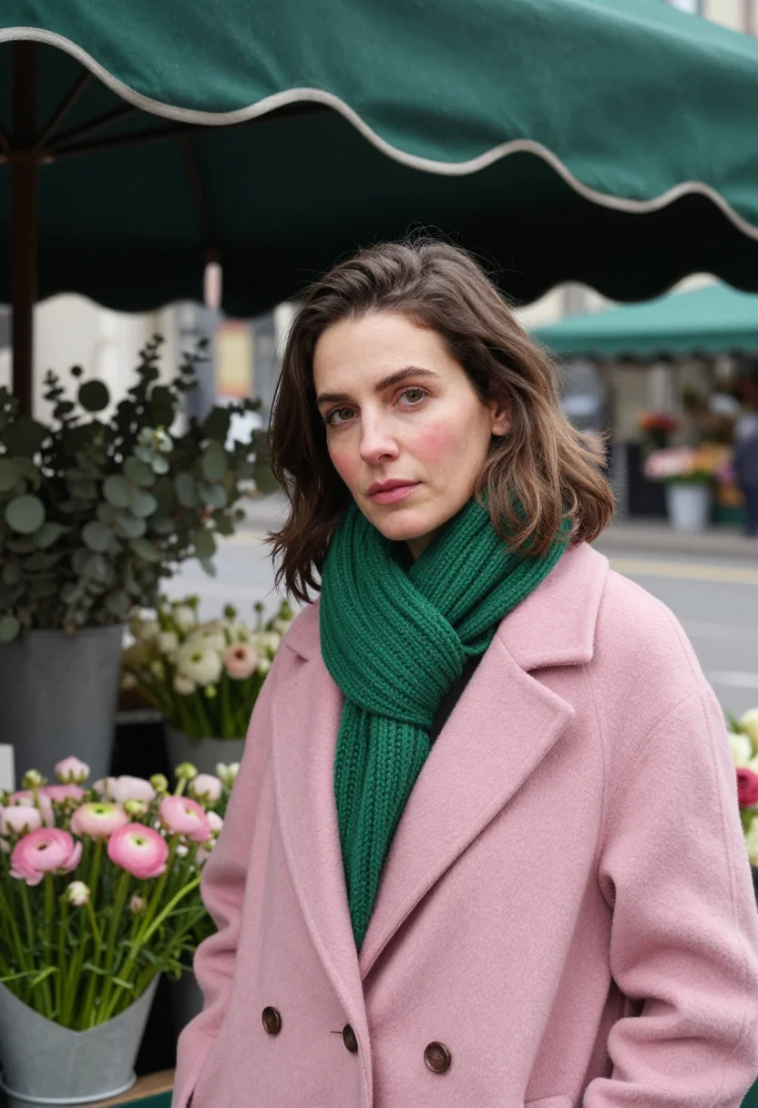 AI flower market saturday pink green sample — portrait of a woman, framed tight, head and shoulders, the b
