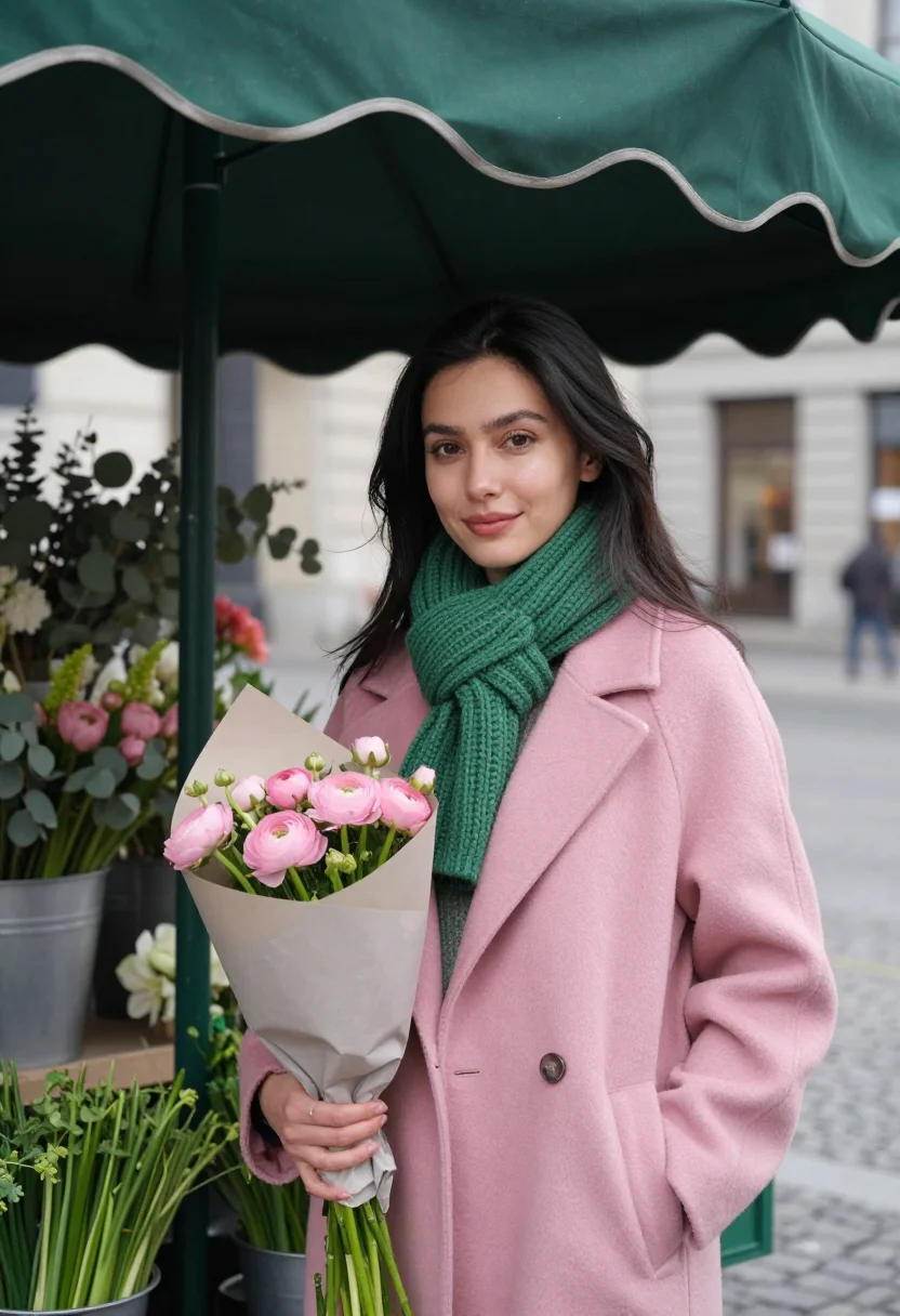 AI flower market saturday pink green sample — portrait of a woman, framed chest-up, cropped at the ribs, t