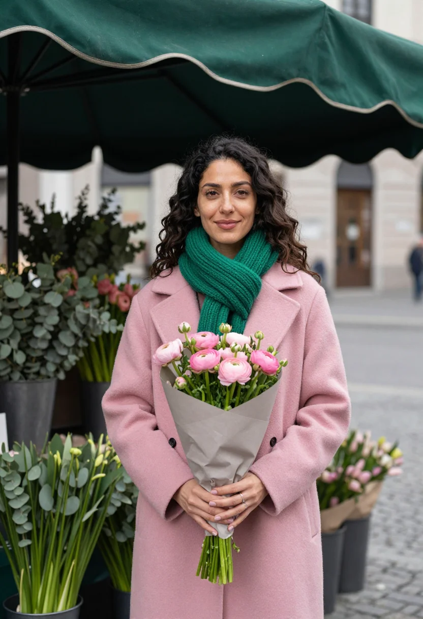 AI flower market saturday pink green sample — portrait of a woman, framed three-quarter length from the he