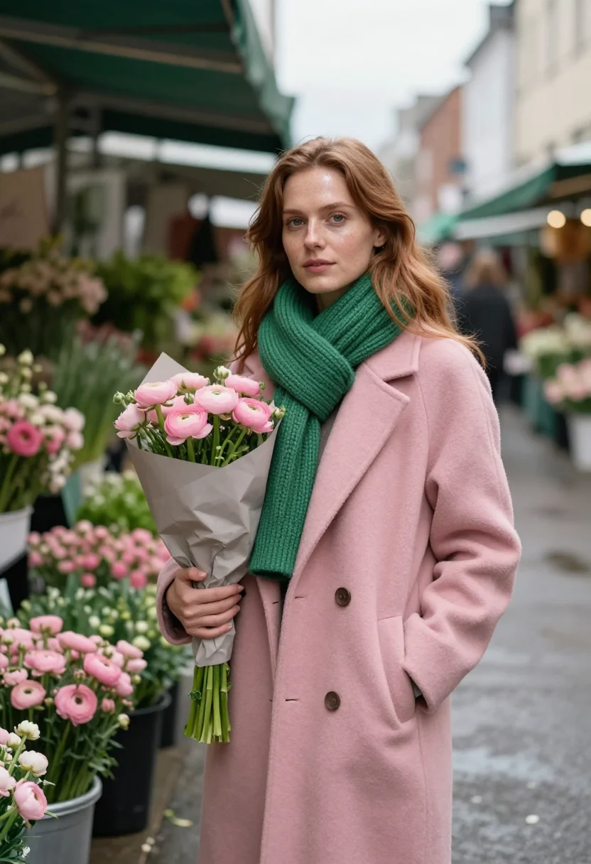 AI flower market saturday pink green sample — portrait of a woman, framed half-length from the head to the