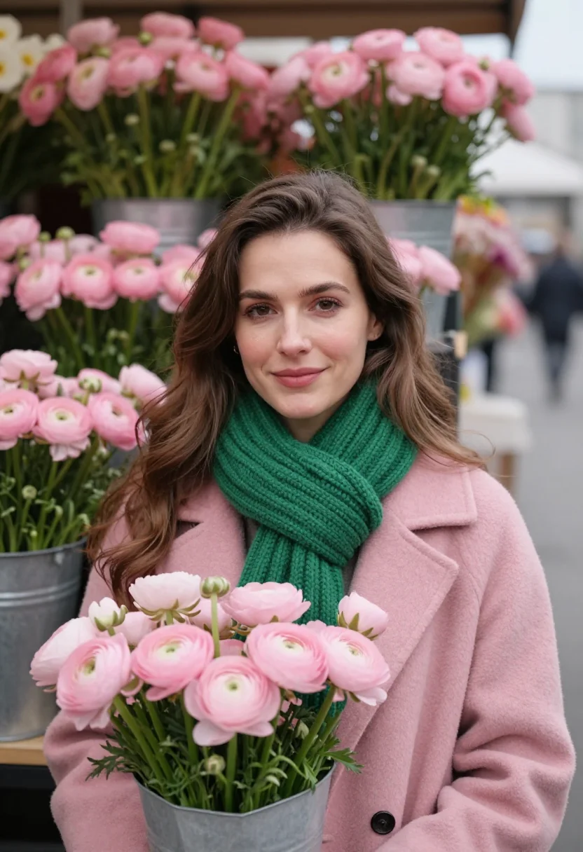 AI flower market saturday pink green sample — portrait of a woman, framed tight, head and shoulders, the b
