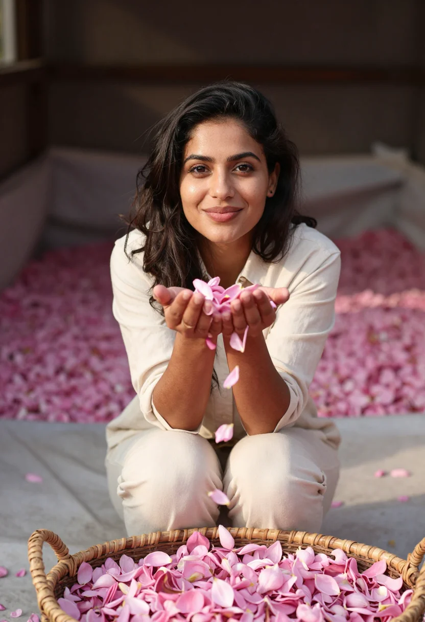 AI flower petals sample — portrait of a woman, three-quarter-length portrait of a woma
