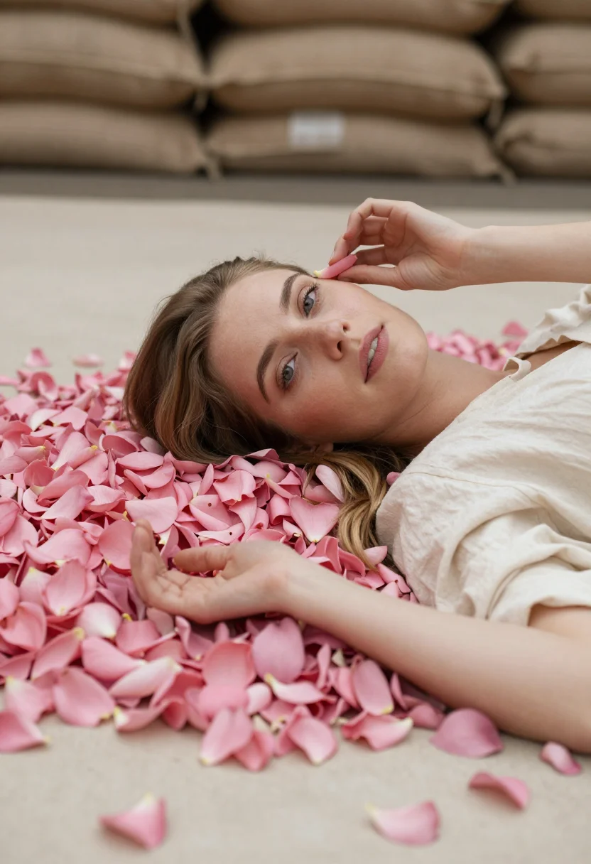 AI flower petals sample — portrait of a woman, close reclining portrait of a woman in
