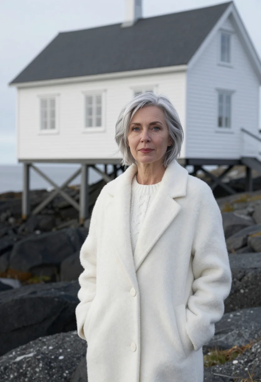 AI fogo island inn newfoundland stilt white rock sample — portrait of a woman, a hotel guest in her fifties of Irish d