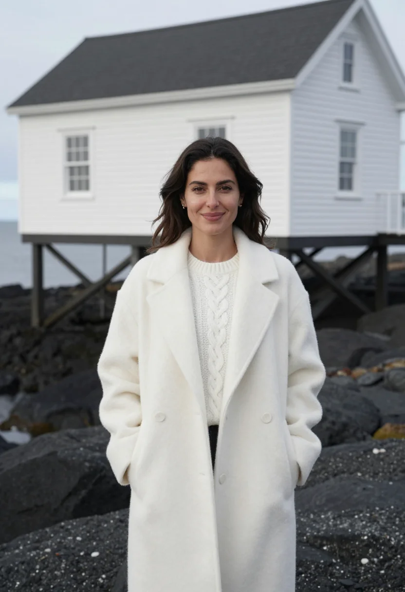 AI fogo island inn newfoundland stilt white rock sample — portrait of a woman, a hotel guest in her thirties of Portug