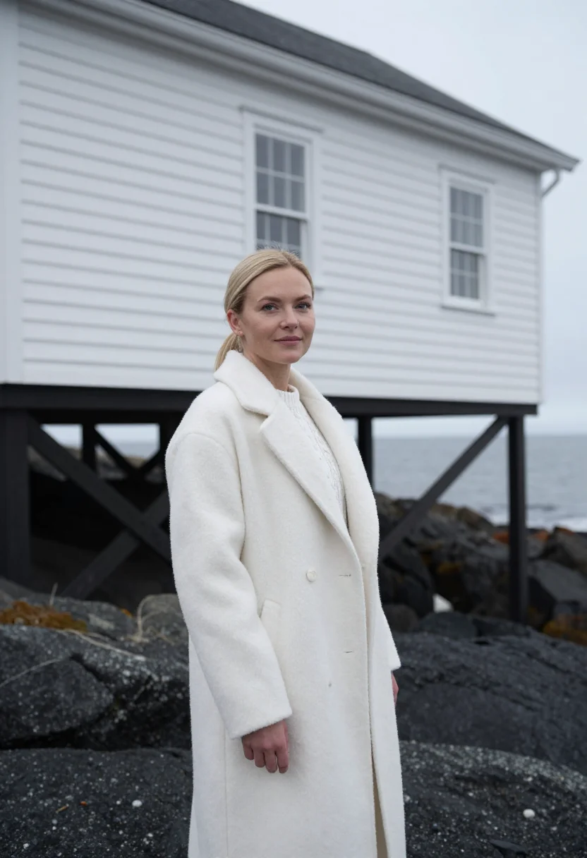 AI fogo island inn newfoundland stilt white rock sample — portrait of a woman, a hotel guest in her late twenties of N