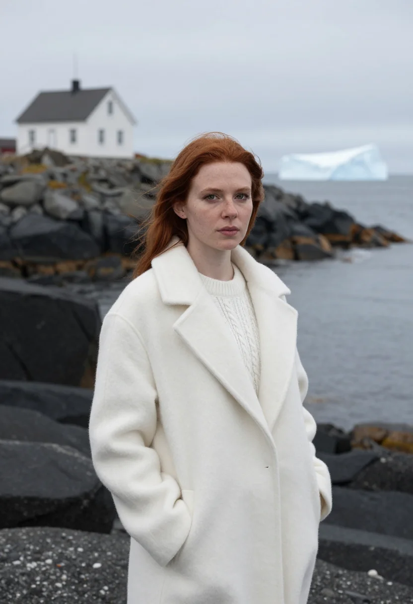 AI fogo island inn newfoundland stilt white rock sample — portrait of a woman, a hotel guest in her late twenties of S