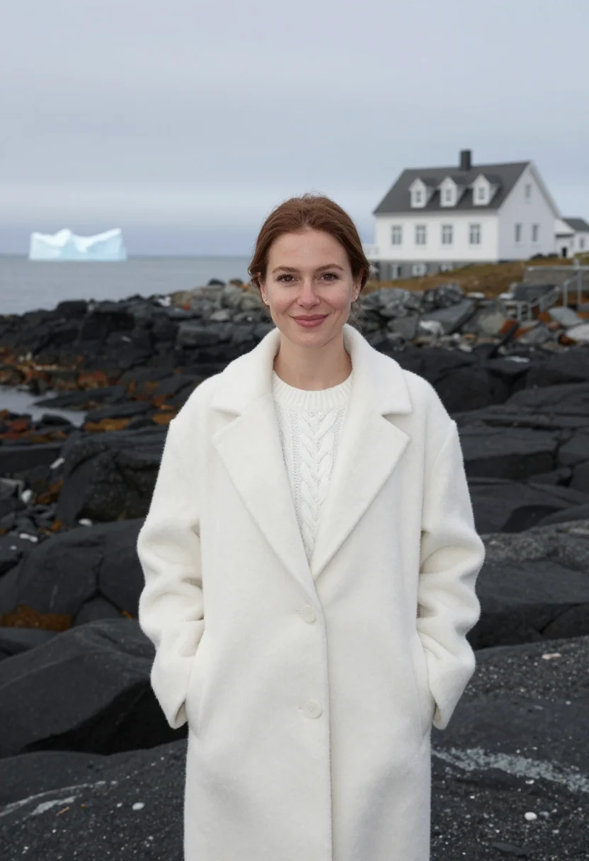 AI fogo island inn newfoundland stilt white rock sample — portrait of a woman, a hotel guest in her thirties of Acadia