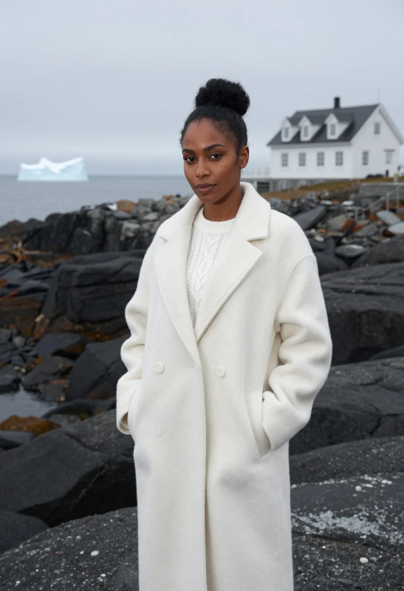 AI fogo island inn newfoundland stilt white rock sample — portrait of a woman, a hotel guest in her thirties of Jamaic