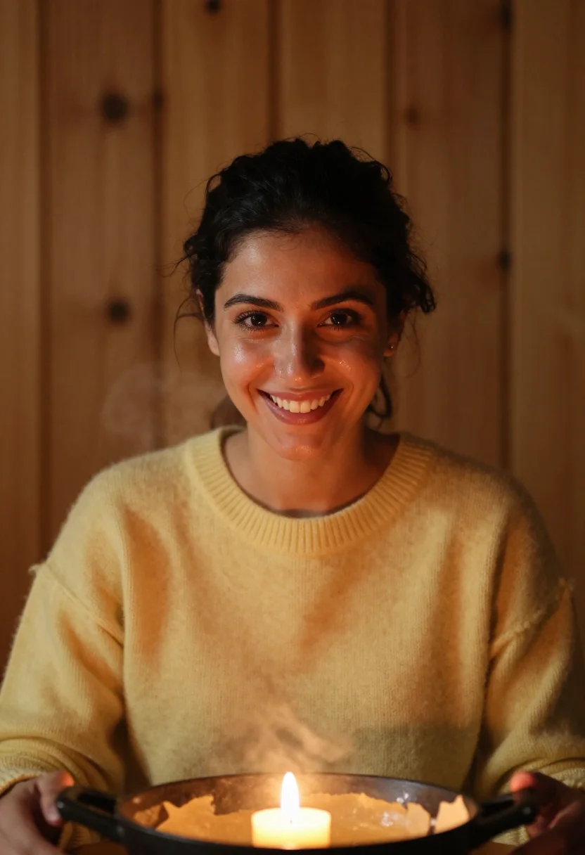 AI fondue night butter sample — portrait of a woman, framed as a tight headshot from the cro