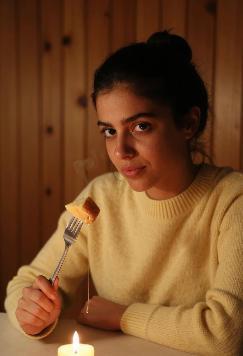 AI fondue night butter sample — portrait of a woman, framed as a tight headshot from the cro