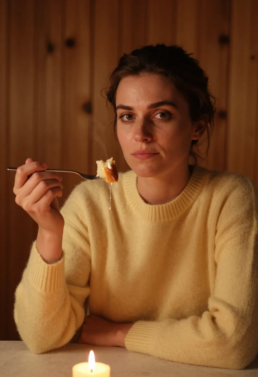 AI fondue night butter sample — portrait of a woman, framed chest-up from the ribs with the