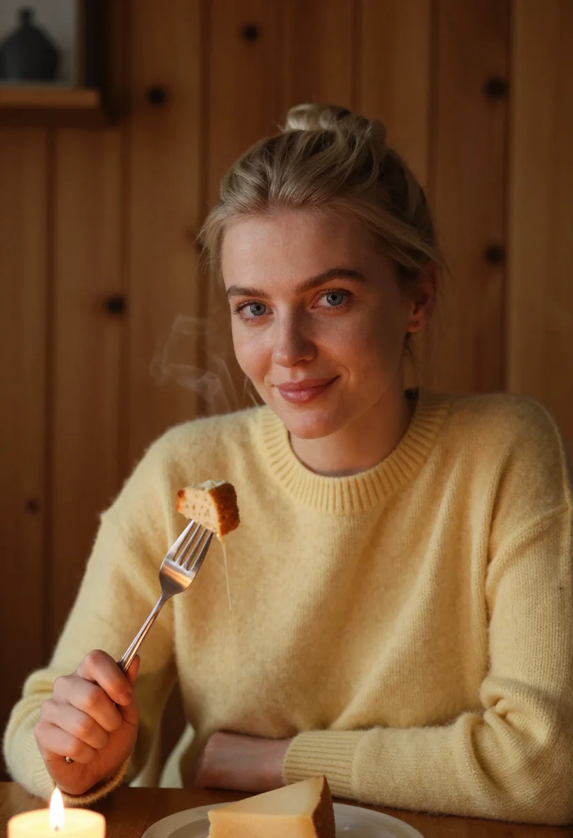 AI fondue night butter sample — portrait of a woman, framed head and shoulders, tighter, the